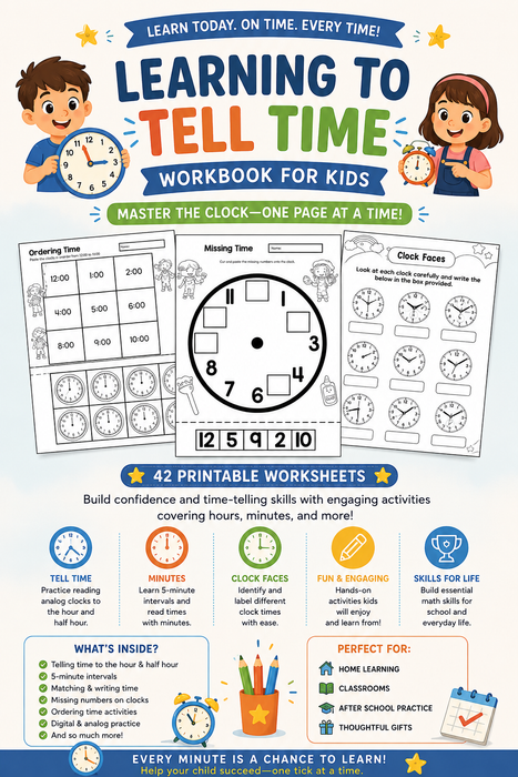Time Learning Workbook for Kids – 42-Page Canva Template for Telling Time Practice