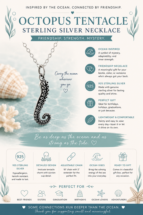 Octopus Tentacle Necklace - Sterling Silver - Friendship Necklace - Gift for Her