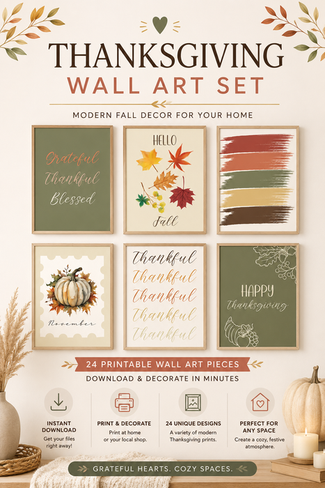 Thanksgiving Wall Art Set (24 Printable Pieces) – Modern Fall Decor Instant Download