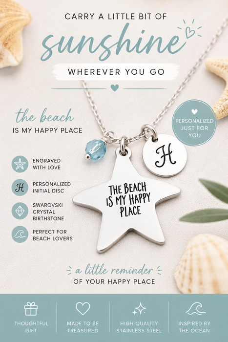 The Beach Is My Happy Place Necklace – Sterling Silver with Birthstone & Initial – Personalized Beach Jewelry