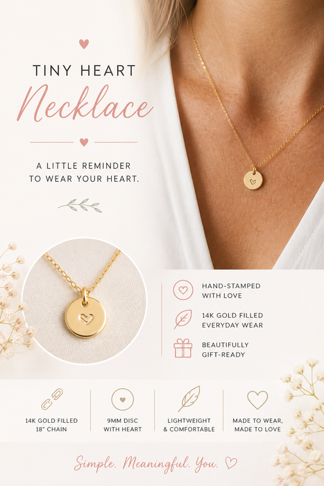 Tiny Heart Necklace – Hand Stamped 9mm Disc, 14k Gold Filled on 18" Chain