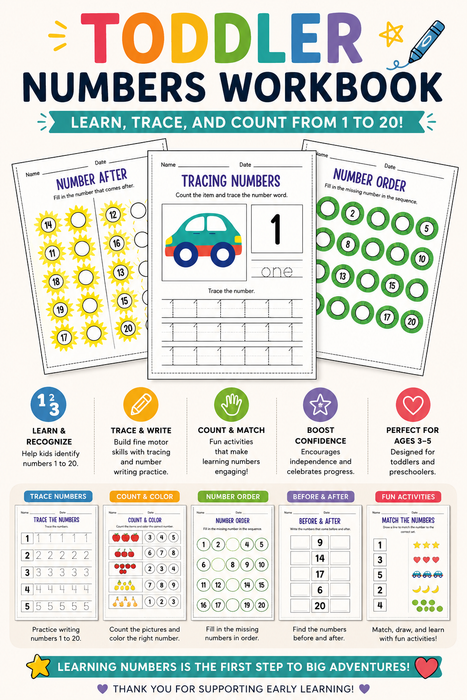 Toddler & Preschool Numbers Workbook – 40+ Page Printable PDF for Ages 3–5