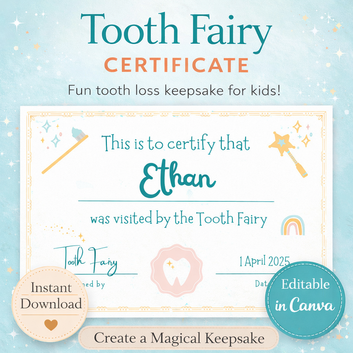 Editable Tooth Fairy Certificate Template – Printable Canva Design for Kids