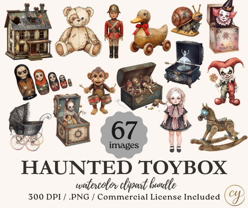 Haunted Toybox Clipart Bundle – 67 Spooky Vintage Toy PNGs – Storybook Halloween Illustrations – Commercial License