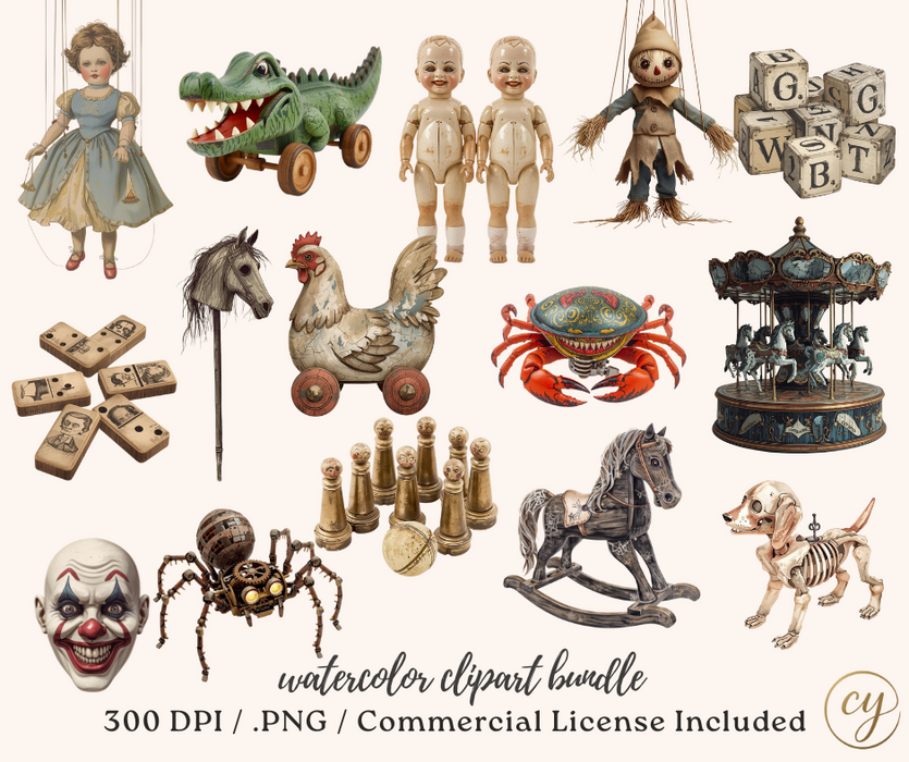 Haunted Toybox Clipart Bundle – 67 Spooky Vintage Toy PNGs – Storybook Halloween Illustrations – Commercial License