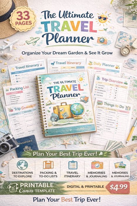 Ultimate Travel Planner | 33 Pages | Printable & Editable