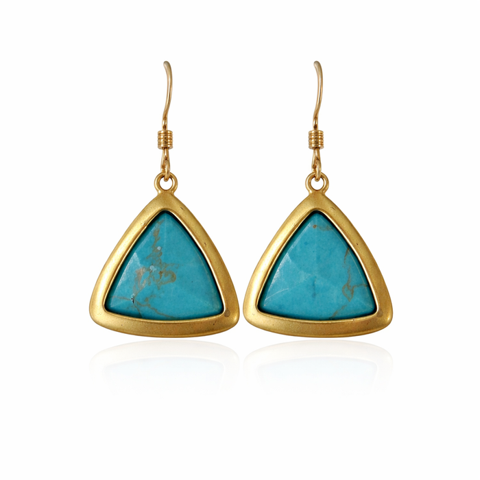 Dainty Turquoise Howlite Triangle Drop Earrings – Gold Framed – Gold Filled Ear Wires – 1” Dangle
