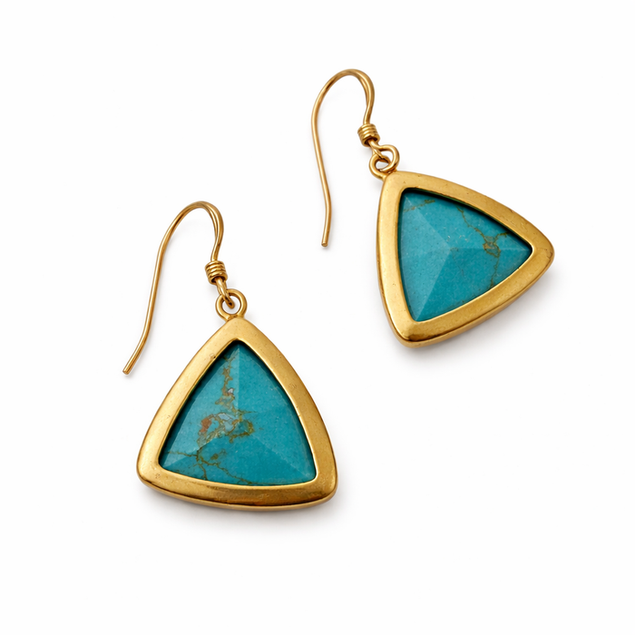 Dainty Turquoise Howlite Triangle Drop Earrings – Gold Framed – Gold Filled Ear Wires – 1” Dangle