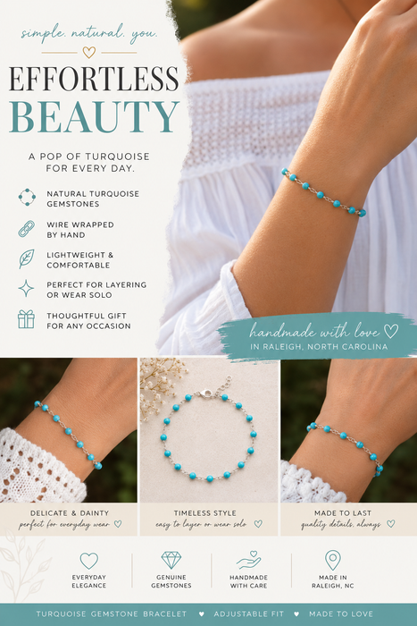 Delicate Turquoise Gemstone Wire Wrapped Bracelet – Sterling Silver Beaded Bracelet – Adjustable 7–8 Inch Handmade Jewelry