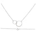  delicate sterling silver necklace featuring two interlocking circles of different sizes, symbolizing connection and unity. The necklace is displayed against a white background, showing both the pendant and the fine chain with a spring-ring clasp.