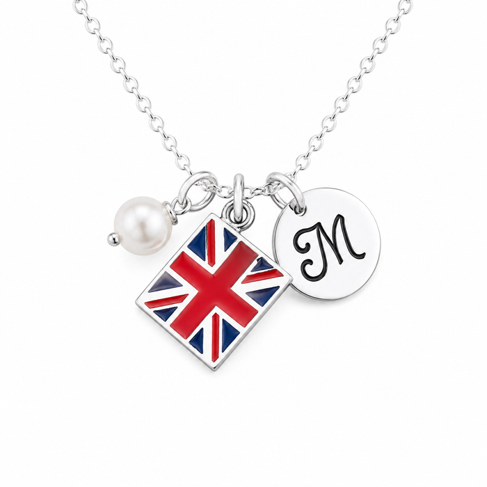 Union Jack Necklace – Sterling Silver with Birthstone & Initial Charm