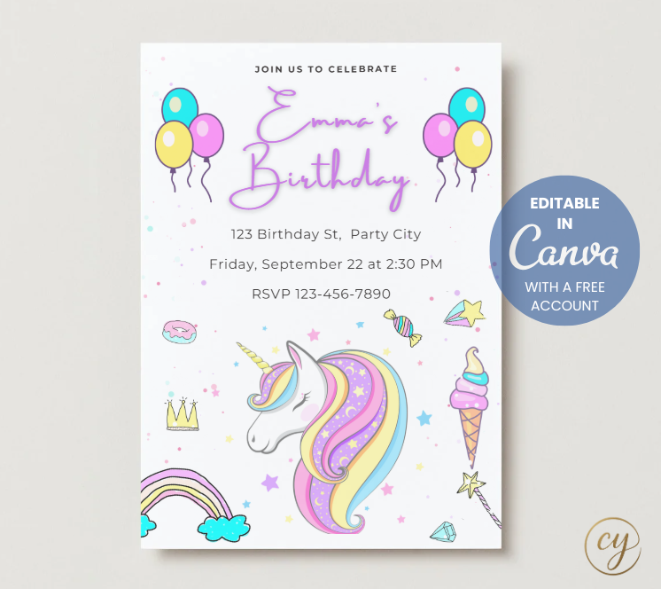 Unicorn Birthday Invitation Template – Pastel Girls Party | Editable in Canva