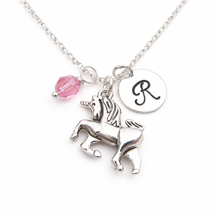 Unicorn Necklace – Sterling Silver with Birthstone & Initial Charm