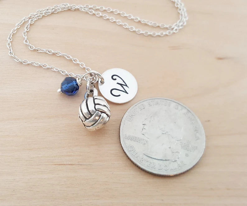 Personalized Volleyball Necklace – Sterling Silver Charm with Birthstone & Initial