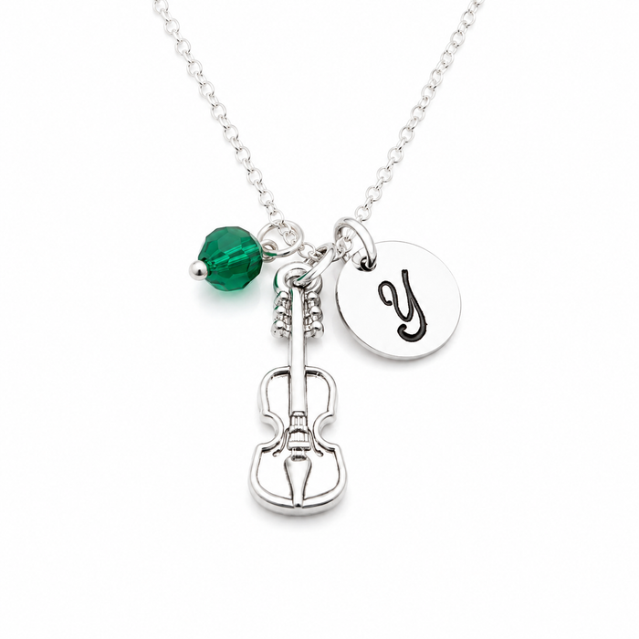 Personalized Violin Necklace – Sterling Silver with Birthstone & Initial Charm