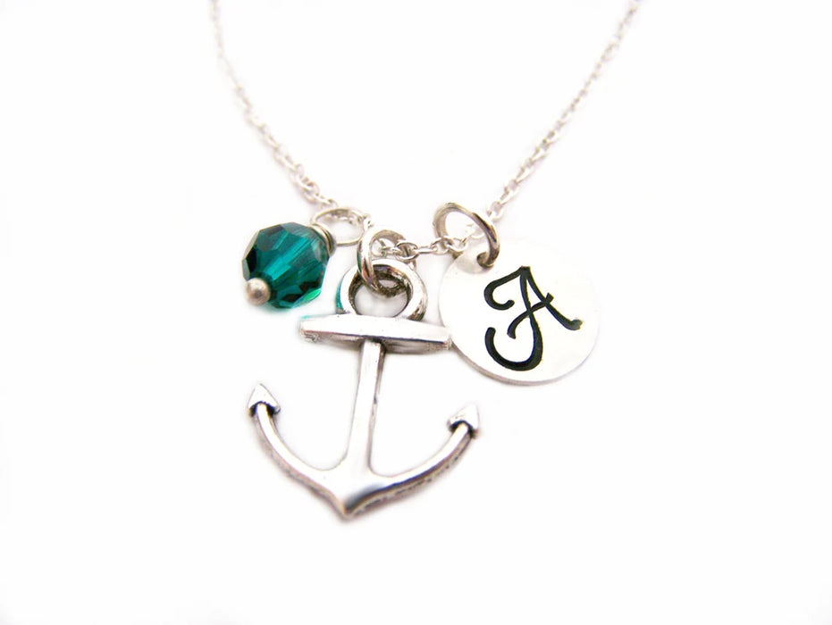 Personalized Anchor Necklace – Sterling Silver Charm with Birthstone & Initial