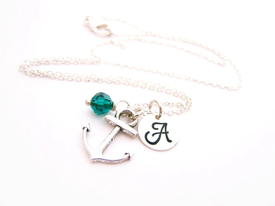 Personalized Anchor Necklace – Sterling Silver Charm with Birthstone & Initial