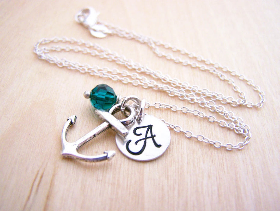 Personalized Anchor Necklace – Sterling Silver Charm with Birthstone & Initial
