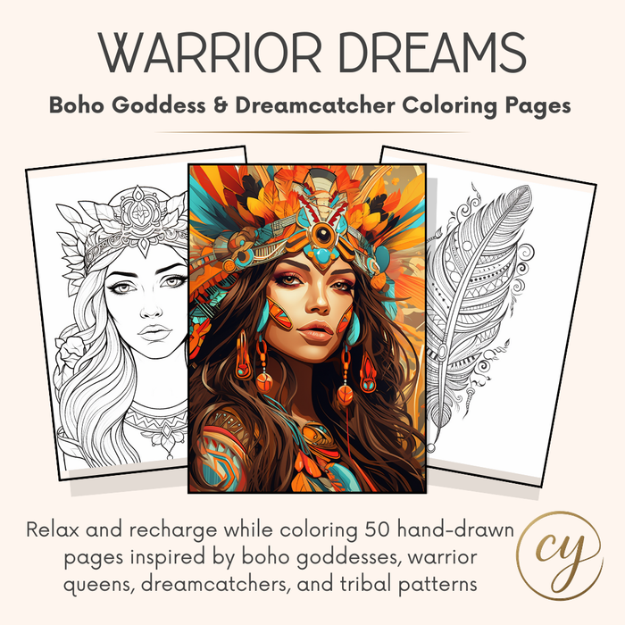 Warrior Dreams – 50 Boho Goddess & Dreamcatcher Coloring Pages (Instant Download PDF)