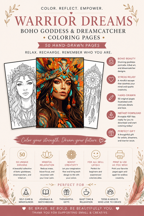 Warrior Dreams – 50 Boho Goddess & Dreamcatcher Coloring Pages (Instant Download PDF)