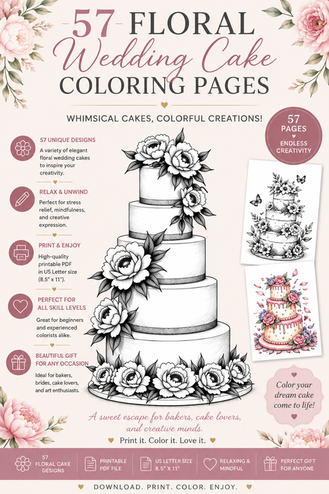 57 Floral Wedding Cake Coloring Pages (Printable & Digital PDF)