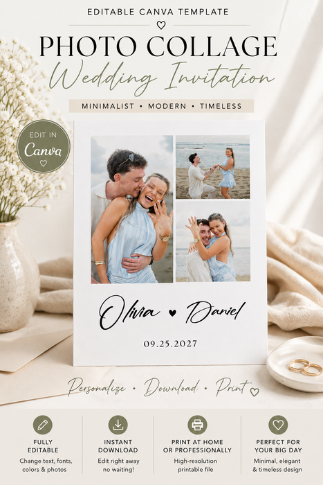 Photo Collage Wedding Invitation Template | Editable Canva Wedding Invite