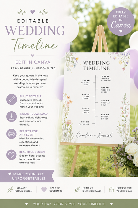 Editable Wedding Timeline Canva Template – Elegant Floral Design
