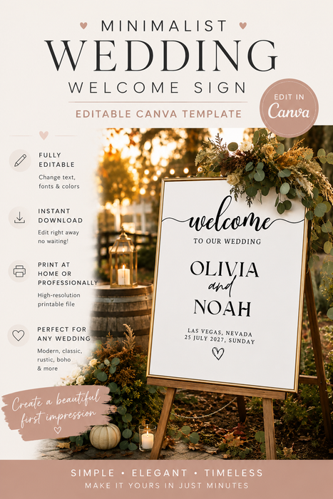 Minimalist Wedding Welcome Sign Template | Editable Canva Welcome Sign
