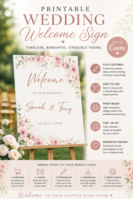 Editable Wedding Welcome Sign – Floral Canva Template | Instant Download