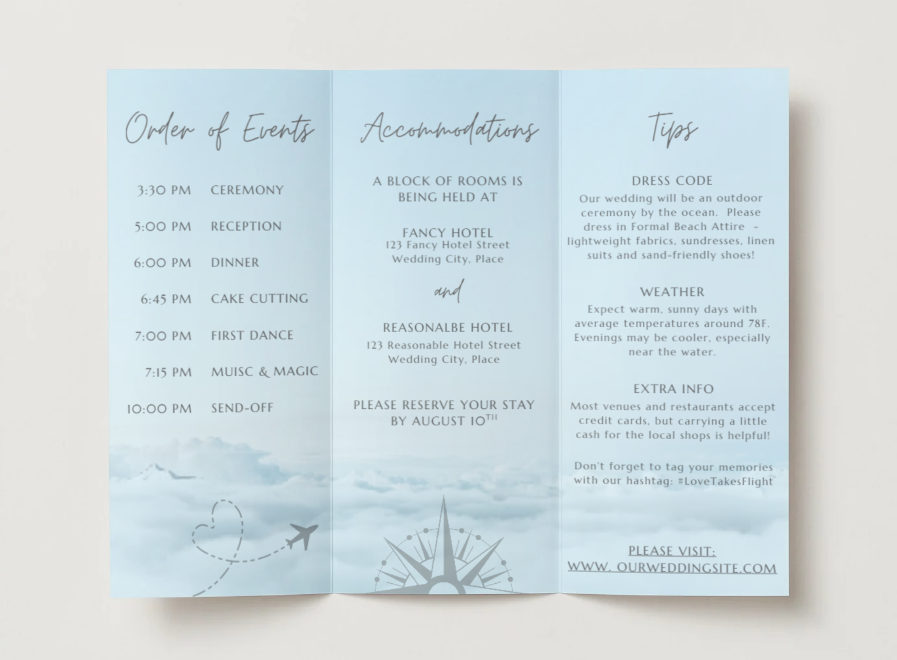 Editable Canva wedding brochure featuring travel and airplane design theme