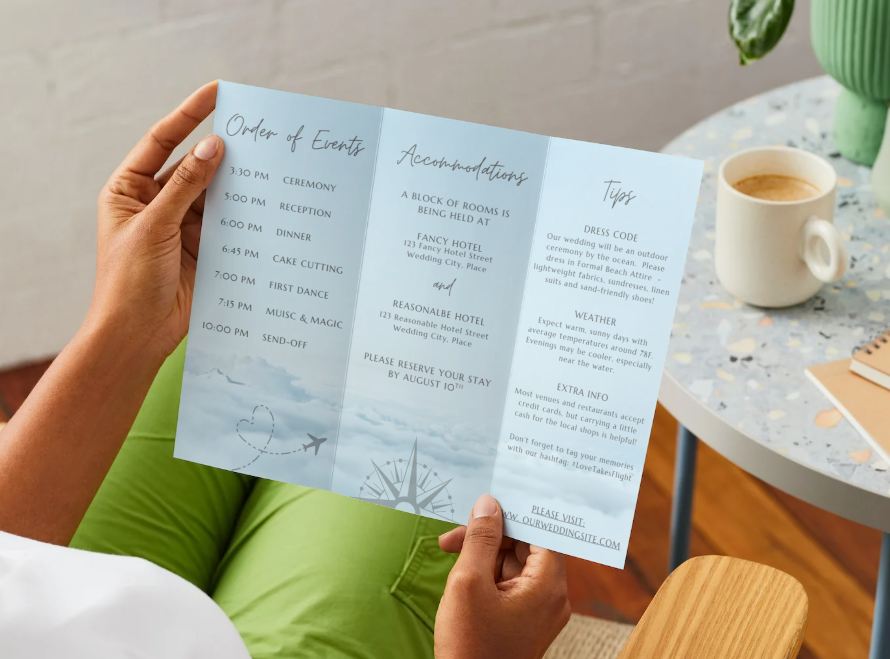Destination wedding weekend schedule template with airplane graphics