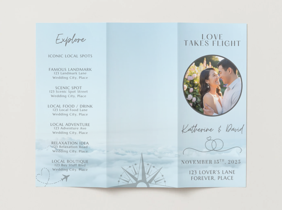outside view of Love Takes Flight destination wedding itinerary brochure