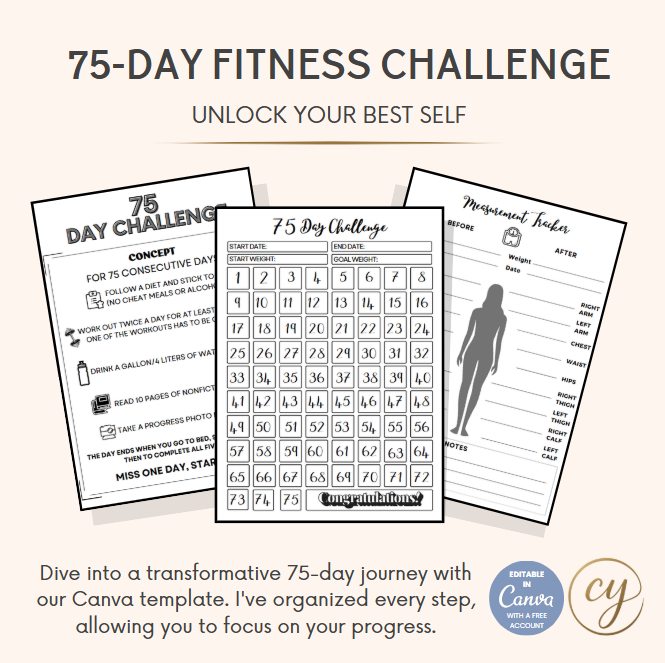 75-Day Fitness Challenge Canva Template - Editable Daily Planner