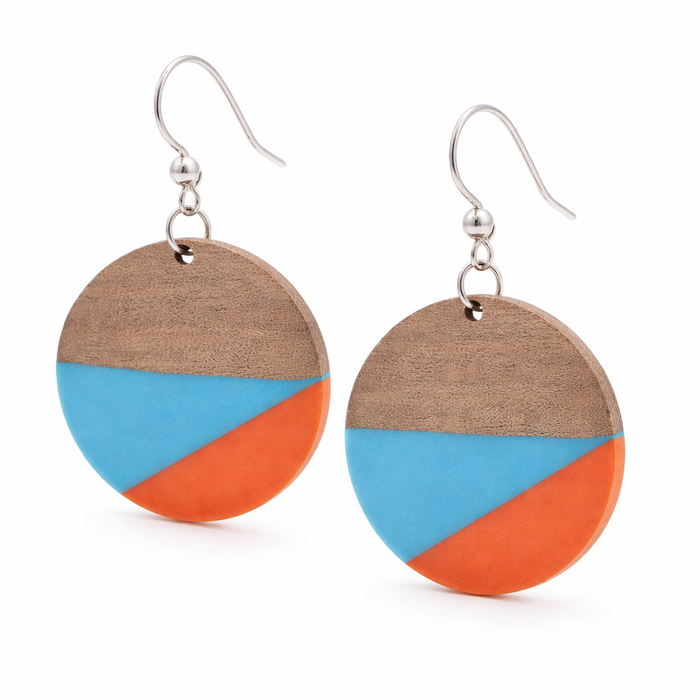 Color Block Wood & Resin Earrings – Blue Orange Retro Boho Dangles – Lightweight Sterling Silver Earwires – Handmade in USA