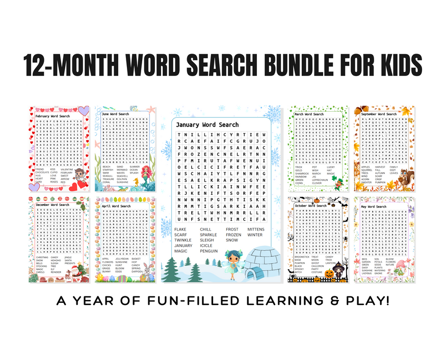 12 Month Word Search Bundle for Kids – Fun & Educational Monthly Themes
