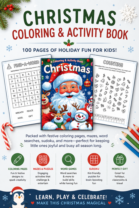 Kids Christmas Coloring & Activity Book – 100-Page Canva Template for Printable Holiday Fun