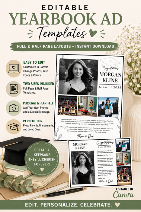 Yearbook Ad Template – Full & Half Page Graduation Tribute (Editable in Canva)
