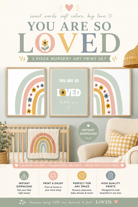 You Are So Loved Rainbow Nursery Art – 3 Piece Set | Green/Blue & Pink Versions | Printable Wall Decor, Instant Download