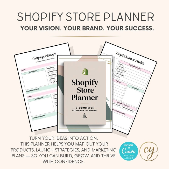 Printable 60-page Shopify store planner template - editable in Canva