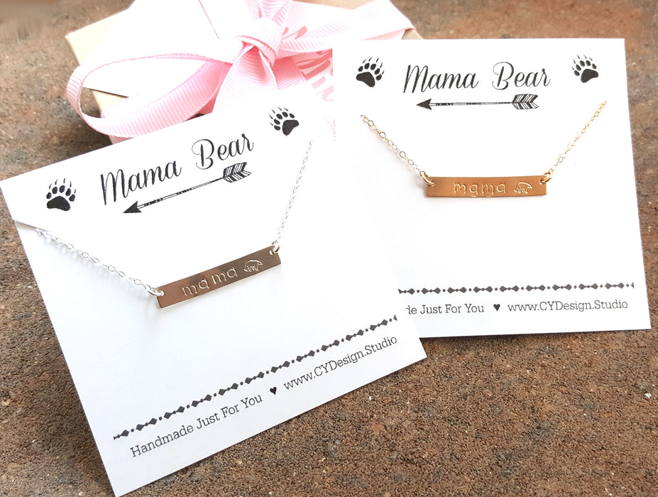 Mama Bear Hand Stamped Bar Necklace