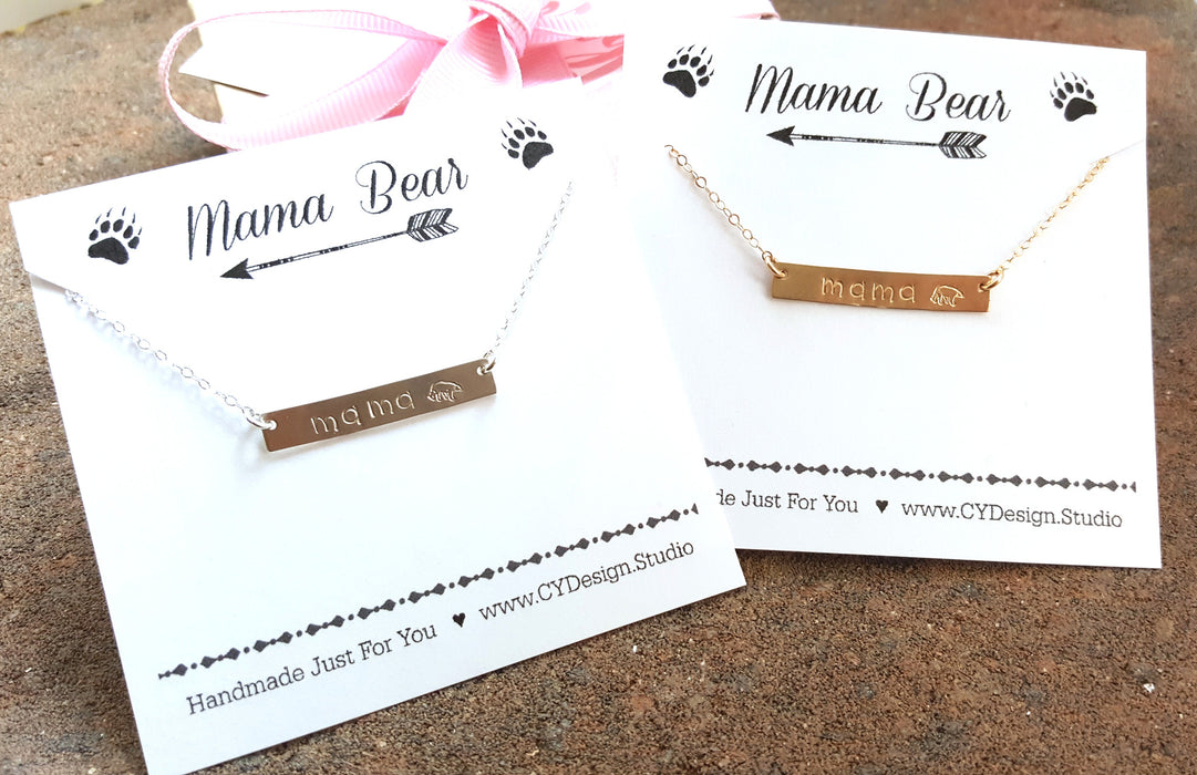 Mama Bear Hand Stamped Bar Necklace