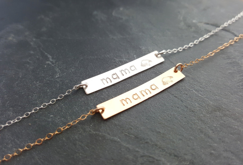 Mama Bear Hand Stamped Bar Necklace