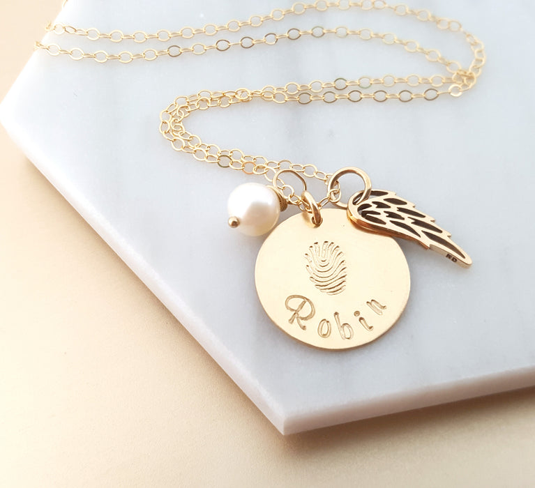 Fingerprint Custom Name Disc Memorial Angel Wing Necklace - 14k Gold Filled Jewelry - Personalized Necklace - Gift For Her