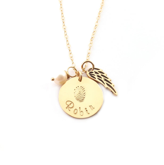 Fingerprint Custom Name Disc Memorial Angel Wing Necklace - 14k Gold Filled Jewelry - Personalized Necklace - Gift For Her