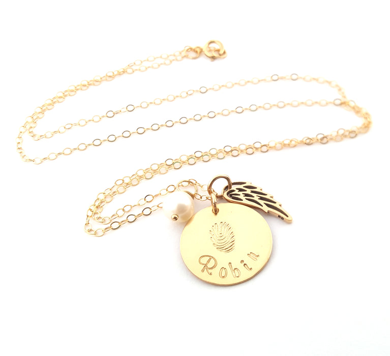 Fingerprint Custom Name Disc Memorial Angel Wing Necklace - 14k Gold Filled Jewelry - Personalized Necklace - Gift For Her