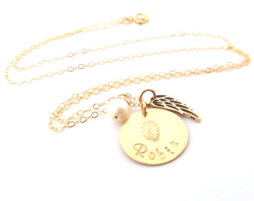 Fingerprint Custom Name Disc Memorial Angel Wing Necklace - 14k Gold Filled Jewelry - Personalized Necklace - Gift For Her