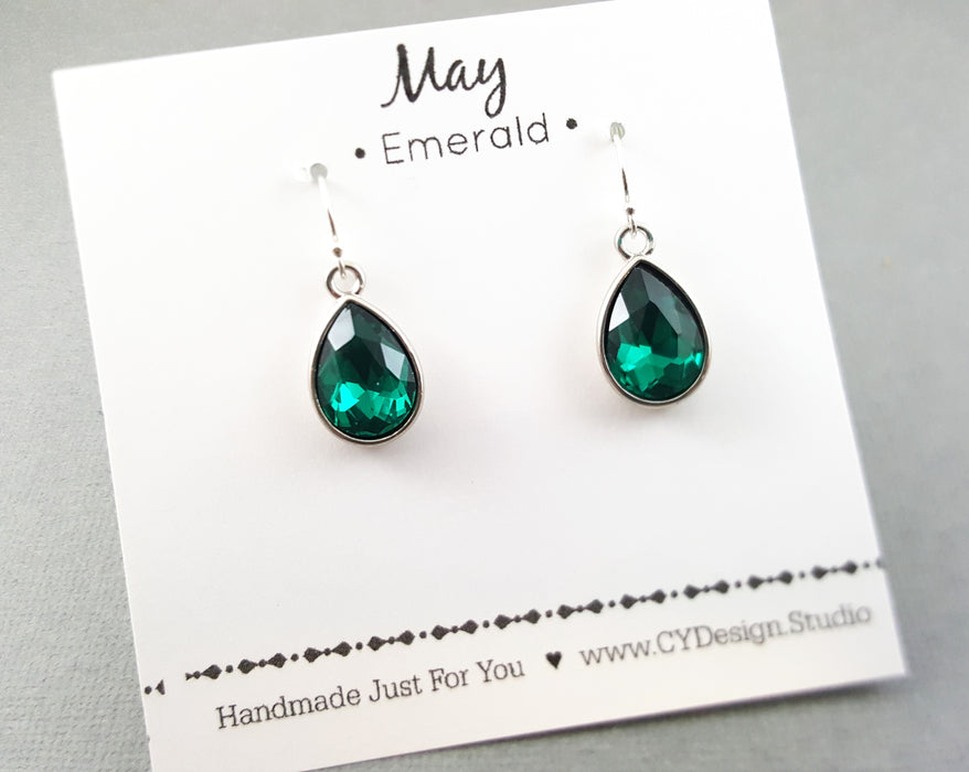 May Birthstone Earrings - Emerald Crystal Sterling Silver Teardrop Earrings