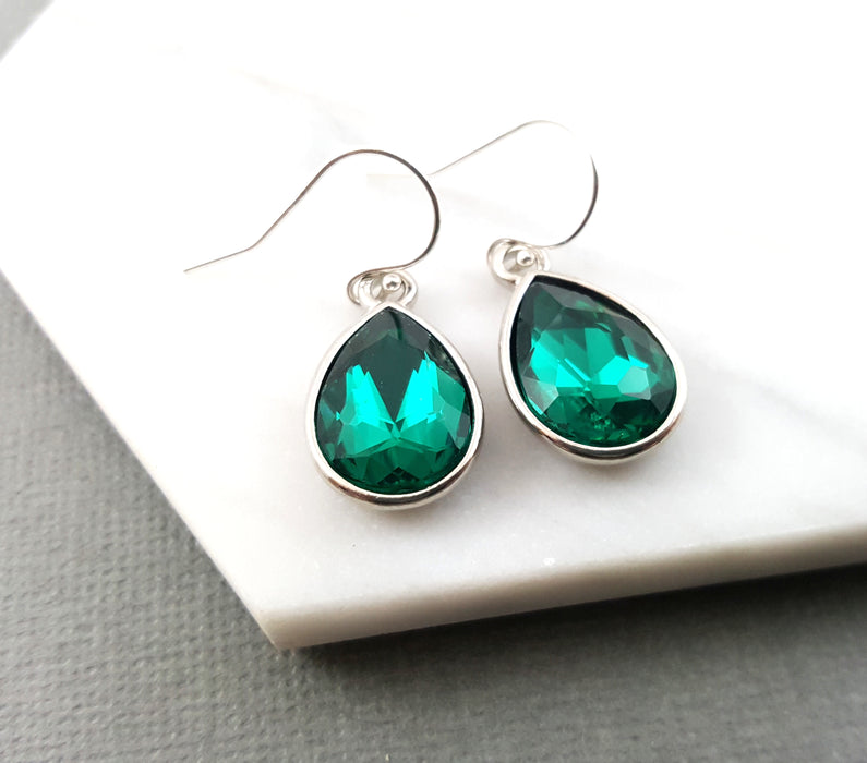 May Birthstone Earrings - Emerald Crystal Sterling Silver Teardrop Earrings