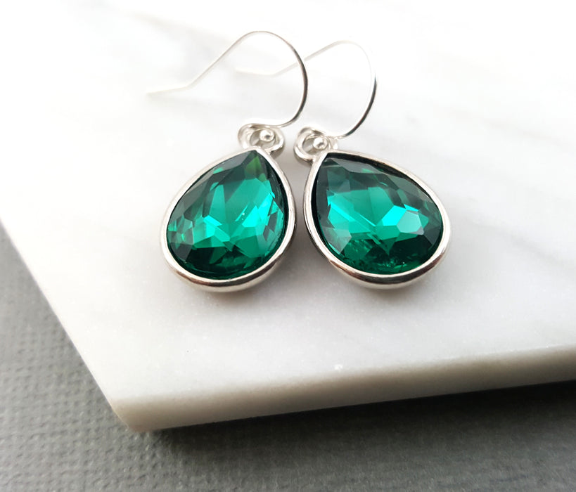 May Birthstone Earrings - Emerald Crystal Sterling Silver Teardrop Earrings