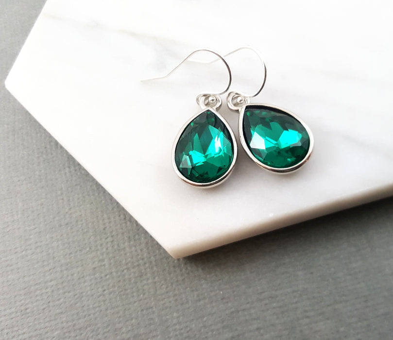 May Birthstone Earrings - Emerald Crystal Sterling Silver Teardrop Earrings